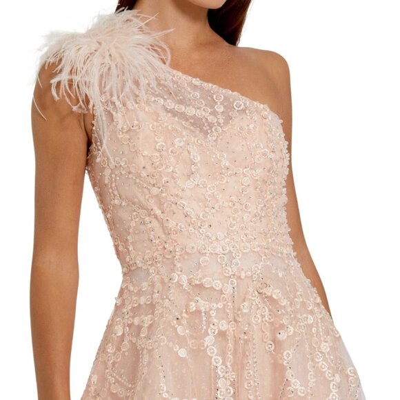 Mac Duggal 20389 Size 18 Peach Pink Embellished One Shoulder Feather Gown Dress - Picture 3 of 6